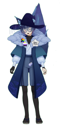 my vtuber avatar. they are wearing a big blue/purple witch hat, a cloud hood draped over the shoulders, a blue ombre cloak, a white shirt, blue shorts, black tights, and round blue glasses. there are star decorations on the outfit. the avatar is a Cauca