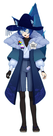 my vtuber avatar. they are wearing a big blue/purple witch hat, a cloud hood draped over the shoulders, a blue ombre cloak, a white shirt, blue shorts, black tights, and round blue glasses. there are star decorations on the outfit. the avatar is a Cauca