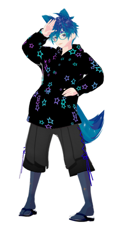 my vtuber as a 3d model. they are posed in a "victory" pose with their right hand in a salute by their head, their left hand on their hip, and a slight lean. They are wearing navy blue tights with stars on them, black shorts, a black hoodie with purple and