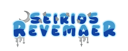 a brand logo with the words "Seirios Revemaer" decorated with stars and a crescent moon.